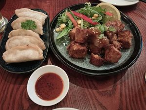 Karaage (right) and gyoza (left). at Itadakizen in London