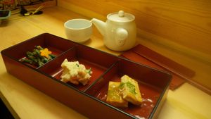 3 little appetisers of beans, potato salad and tofu - Part of Itadaki Course (Noodles Set)  at Itadakizen in London