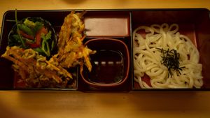 Tempura (of vegetable strips) and udon noodles with dipping sauce - part of Itadaki Course (Noodles Set) [£24.00] at Itadakizen in London