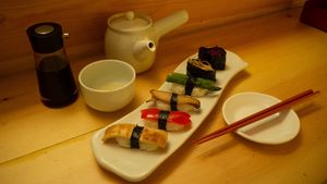 6 pieces of sushi of Tofu, Bell pepper, mushroom, asparagus, enoki mushroom and red cabbage sushi - part of Itadaki Course (Noodles Set) [£24.00] at Itadakizen in London