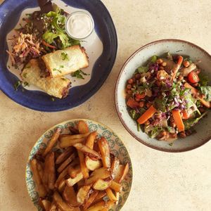 Lentil sausage rolls 
Roasted Chickpea salad 
And homemade chips 🥕🌱 at Burgau Sports Centre in Vila Do Bispo