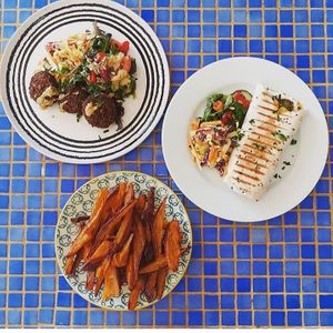 Falafel salad or in a wrap paired with sweet potato fries  at Burgau Sports Centre in Vila Do Bispo