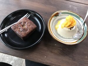 Brownie and sesame pudding  at Kousaiken Gu in Kamakura