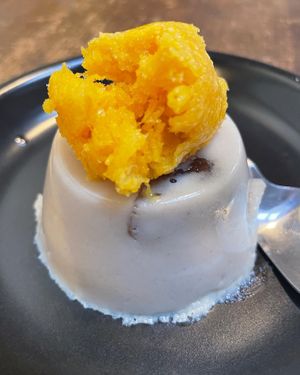 White sesame seed pudding with frozen mango  #Veganuary at Kousaiken Gu in Kamakura