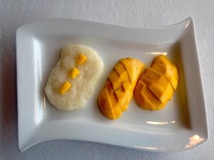 Mango with sweet sticky rice dessert.  at Jewel of Siam in Orland Park