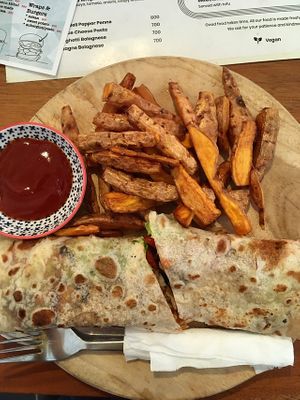 Mushroom and soya wrap with sweet potato fries  at Soul Food in Kandy