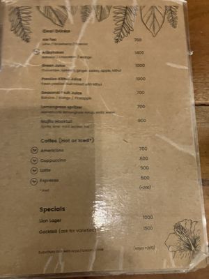 menu drinks  at Soul Food in Kandy