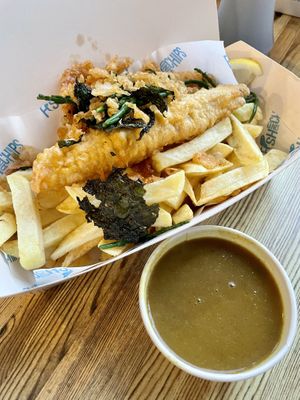 Vish n Chips & curry sauce  at Catch22 in Bristol