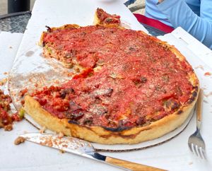 Large deep dish with vegan sausage, fresh mushrooms, onion, green peppers at My Pi in Chicago