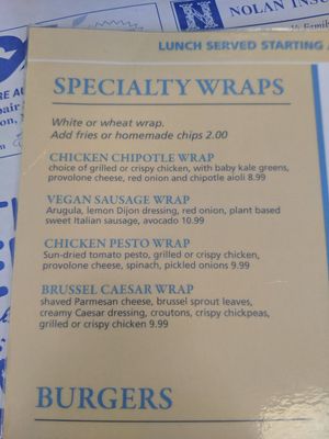 Description of Vegan Sausage Wrap on the normal lunch menu at The Blueberry Muffin in Plymouth