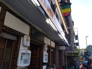 Outside where there are two tables for seating at Addis Abebaye in Mainz