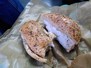 Everything bagel with tofu cream cheese scallion at Liberty Bagels in New York City