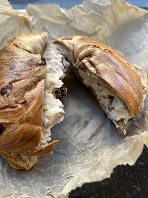 Cinnamon raisin bagel with walnut-cinnamon vegan cream cheese    at Liberty Bagels in New York City