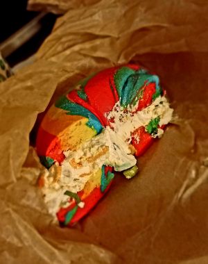 Rainbow bagel with veg tofu cream cheese at Liberty Bagels in New York City