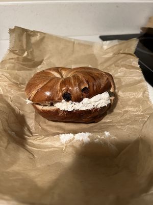 Cinnamon raisin bagel with tofu cinnamon walnut raisin cream cheese  at Liberty Bagels in New York City