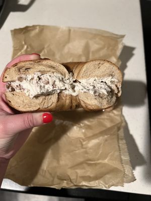 Cinnamon raisin bagel with tofu cinnamon walnut raisin cream cheese  at Liberty Bagels in New York City