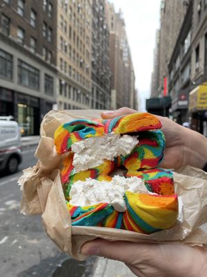 Rainbow bagel with plain tofu cream  at Liberty Bagels in New York City