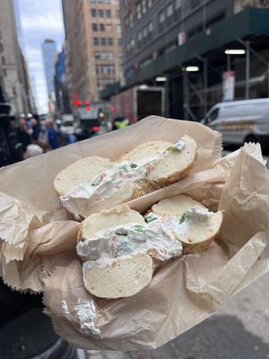 Onion bagel with tofu and veggies   at Liberty Bagels in New York City