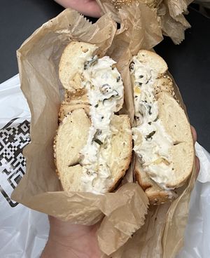 Everything with tofu spinach and artichoke cream cheese  at Liberty Bagels in New York City