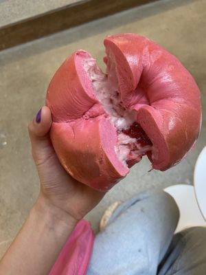 pink bagel  at Liberty Bagels in New York City