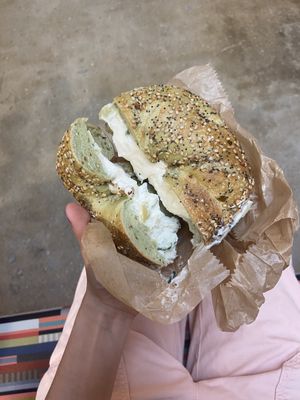 jalapeño everything w tofu spinach and artichoke   at Liberty Bagels in New York City