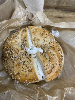 Everything bagel with tofu scallion cream cheese   at Liberty Bagels in New York City