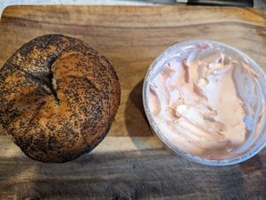 Poppyseed bagel with strawberry tofu spread at Liberty Bagels in New York City