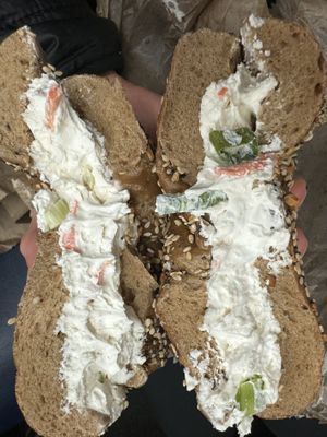 Whole wheat everything with veggie tofu  at Liberty Bagels in New York City