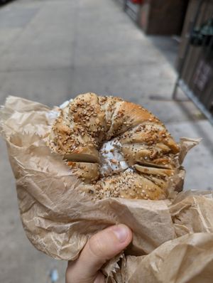 Everything bagel with tofu vegetable cream cheese at Liberty Bagels in New York City
