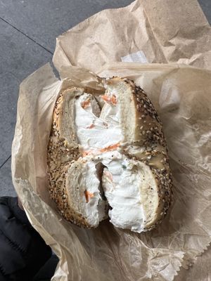 Toasted everything bagel with tofu vegetable cream cheese   at Liberty Bagels in New York City