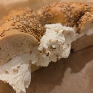Sesame bagel with plain tofu cream cheese at Liberty Bagels in New York City