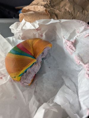 Rainbow bagel with blueberry cream cheese at Liberty Bagels in New York City