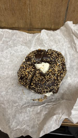 Everything pumpernickel with tofu veggie cream cheesee  at Liberty Bagels in New York City