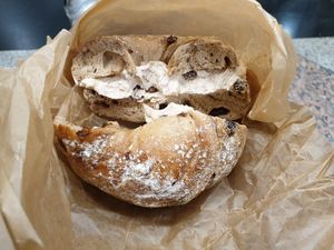 Vegan walnut raisin on french toast bagel is the bomb at Liberty Bagels in New York City