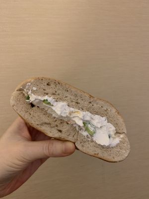 Whole-wheat bagel with tofu vegetable cream cheese  at Liberty Bagels in New York City
