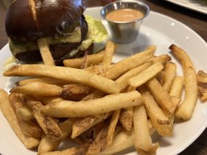 Husband ordered the impossible BBQ burger served with fries. He really liked it!  at Spirit Elephant in Winnetka