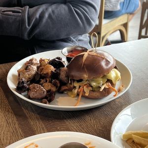 bbq pulled mushroom sandwich w potatoes  at Spirit Elephant in Winnetka