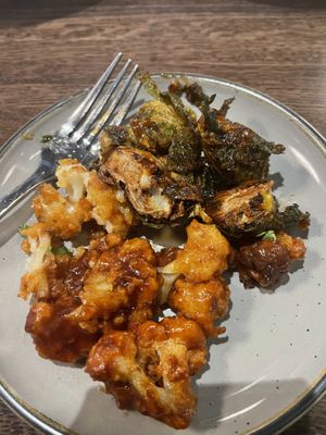 The apps were not photographed plated because I got too hungry, but the Brussels and the cauliflower was delectable!!  at Spirit Elephant in Winnetka