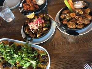  Fig flat bread + brussel sprouts+ buffalo cauliflower +wasabi Dijon at Spirit Elephant in Winnetka