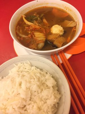 Tomyam soup with white rice, super yummy! at Zhen Xiang Zhai in Kuching