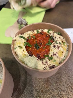 Hummus with muhammara  at Santo Falafel in Florence