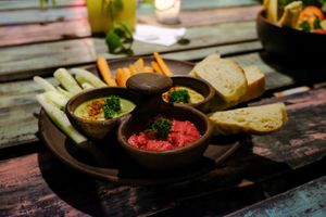 Three types of Hummus and Veggie at Simon Says  in San Juan Del Sur