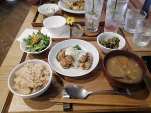 Miso soup, soy meatballs, brown rice, salad and aubergine at il riccio in Himeji