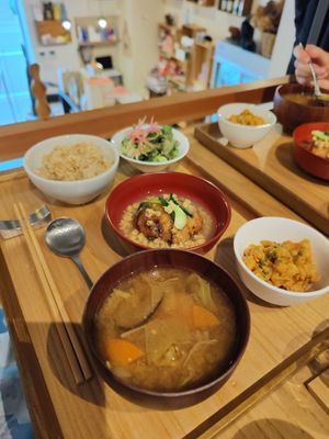 Lunch set with miso soup, rice, salad, chickpeas, taro ball at il riccio in Himeji