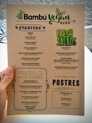 The separate vegan menu. at Chiringuito El Bambú in La Herradura