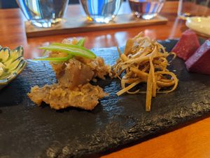 コースのたぬき焼きときんぴら at Veganic Monkey Magic 浅草 in Tokyo