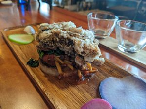 コースの大根ステーキと揚げ舞茸 at Veganic Monkey Magic 浅草 in Tokyo