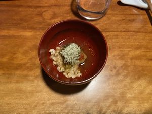 Soup with puffed rice, seaweed, and potato  at Veganic Monkey Magic 浅草 in Tokyo