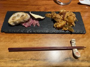 Lotus root rice cake, pickled onions, mushroom, stewed root vegetables  at Veganic Monkey Magic 浅草 in Tokyo