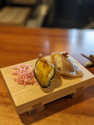 Sushi course, eggplant and konnyaku(?) at Veganic Monkey Magic 浅草 in Tokyo